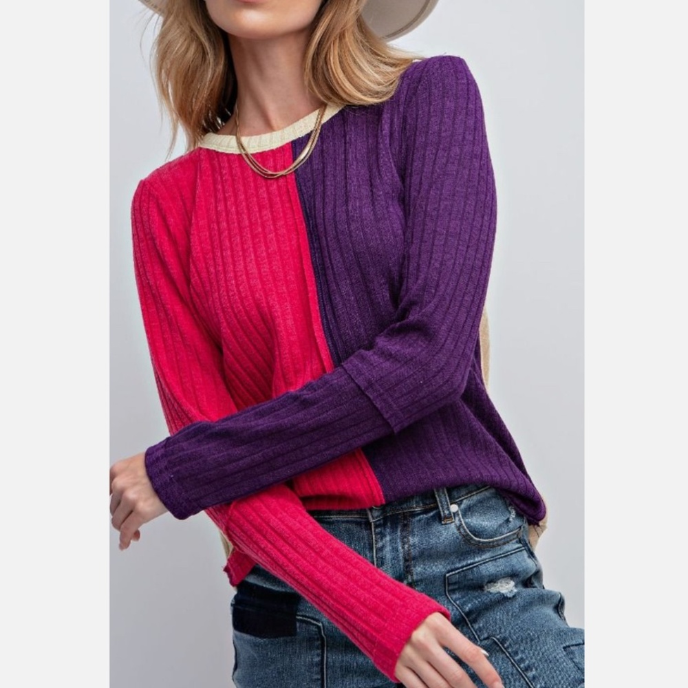 NWOT Colorblock Ribbed Knit Sweater - Purple & Pink